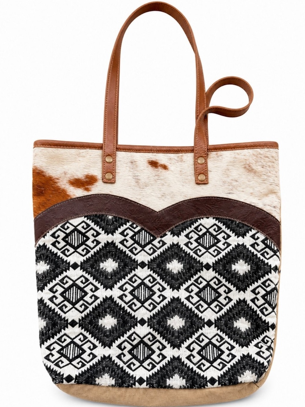 Leather-Trim Cowhide & Geometric Tote Bag in Brown and Black